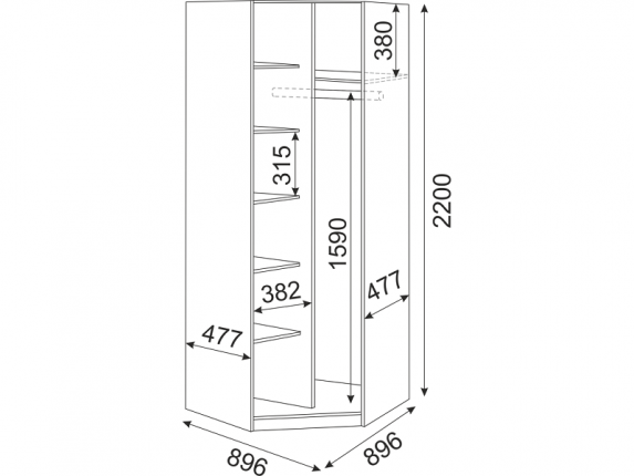 Шкаф угловой Беатрис М01 ШхВхГ 896х2200х896 мм 